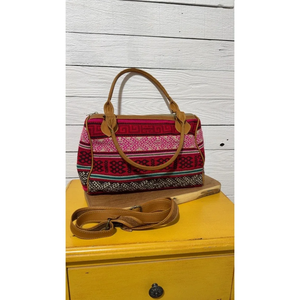 NWOT Boho Woven Textile Leather Satchel Crossbody Bag Red Pink Geometric Artisan